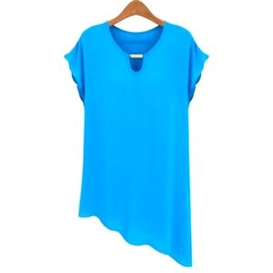 Polyester Chiffon Soft Blouse Keyhole Neck Blue Asymmetric Top Cap Sleeve XL
